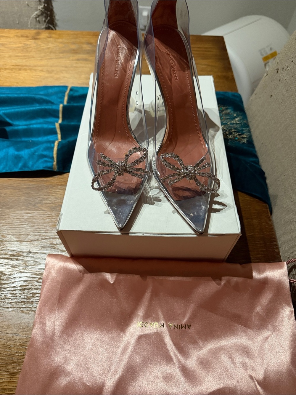 Amina Muaddi Clear PVC Pumps with Silver Crystal Bow